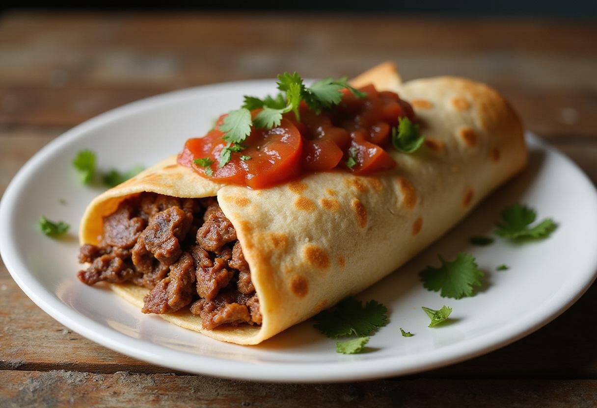 Final presentation of a delicious carne asada burrito, highlighting its flavor and caloric content.