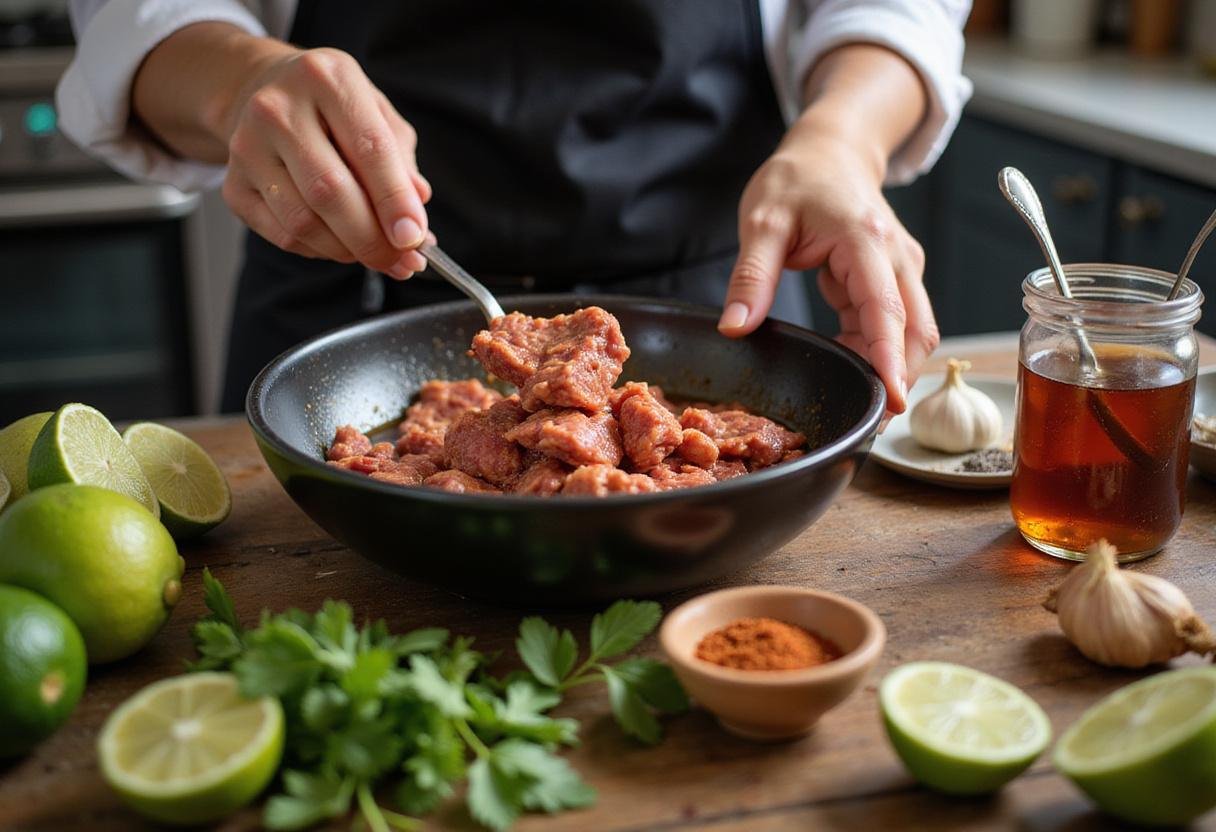 Marinating carne asada with lime and spices for flavorful carne asada burrito calories preparation.