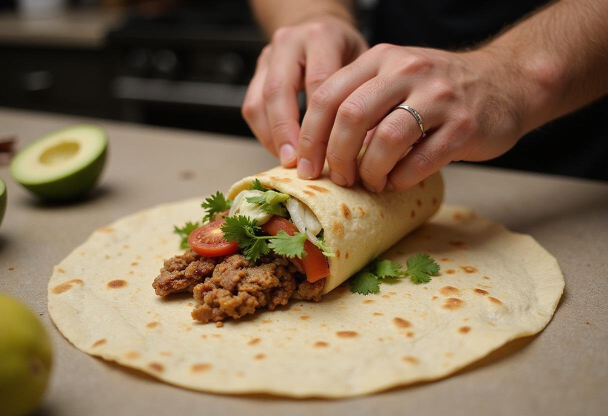 Assembling a hearty carne asada burrito filled with rice, beans and grilled meat for carne asada burrito calories.