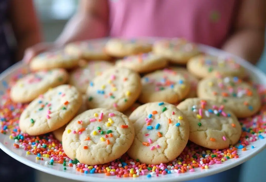 Celebration-ready funfetti cookies displayed on a vibrant platter, perfect for parties and festive occasions.