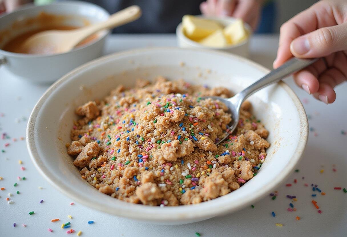Funfetti cookie mix preparation with vibrant colors and sprinkles, perfect for festive baking.