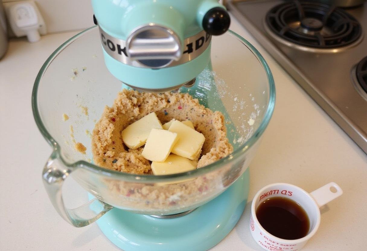 Mixing funfetti cookie ingredients with a mixer, showcasing the fluffy cookie dough preparation.