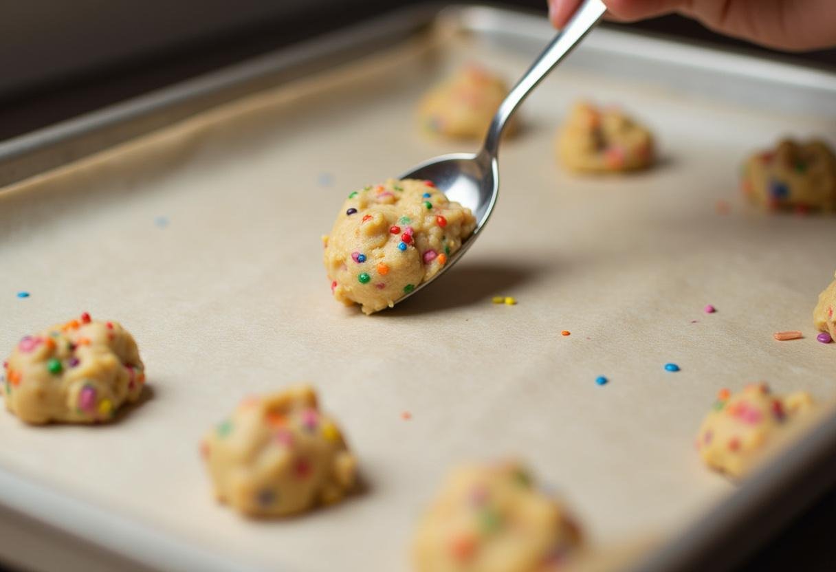 Dropping funfetti cookie dough onto a baking tray, preparing colorful treats for the oven.