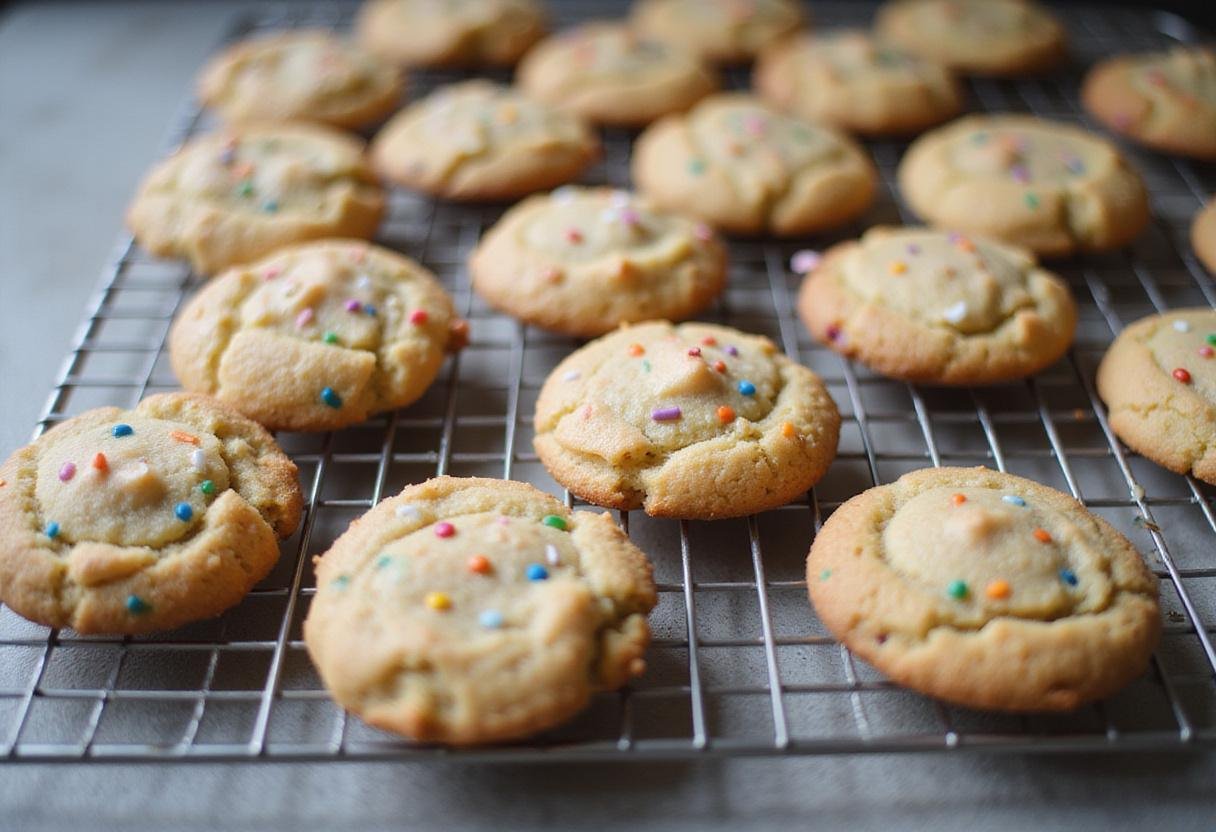 Freshly baked funfetti cookies cooling, showcasing their vibrant sprinkles and deliciousness.