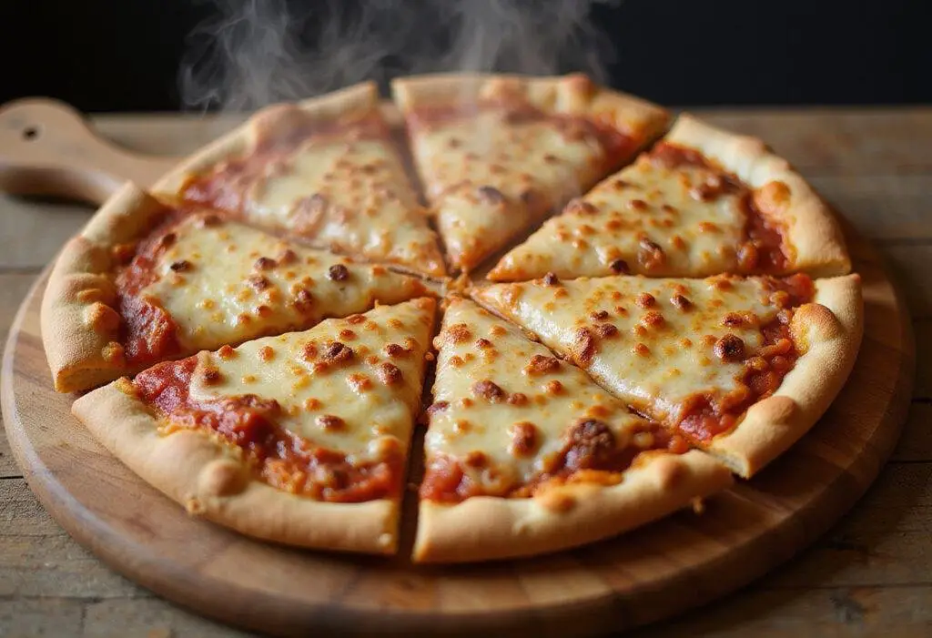 Deliciously baked Champion Supreme Ultimate Pizza on a wooden board, showcasing golden crust and bubbling cheese, inviting for serving and enjoyment.