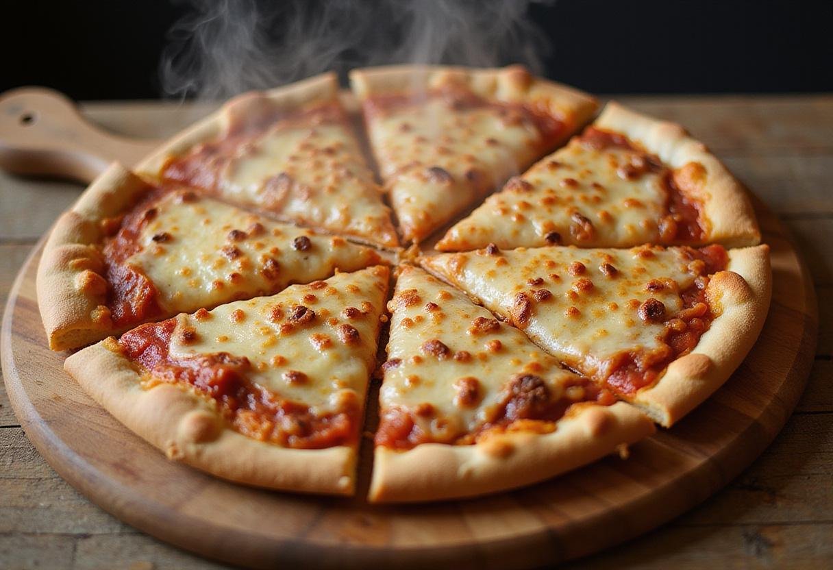 Deliciously baked Champion Supreme Ultimate Pizza on a wooden board, showcasing golden crust and bubbling cheese, inviting for serving and enjoyment.