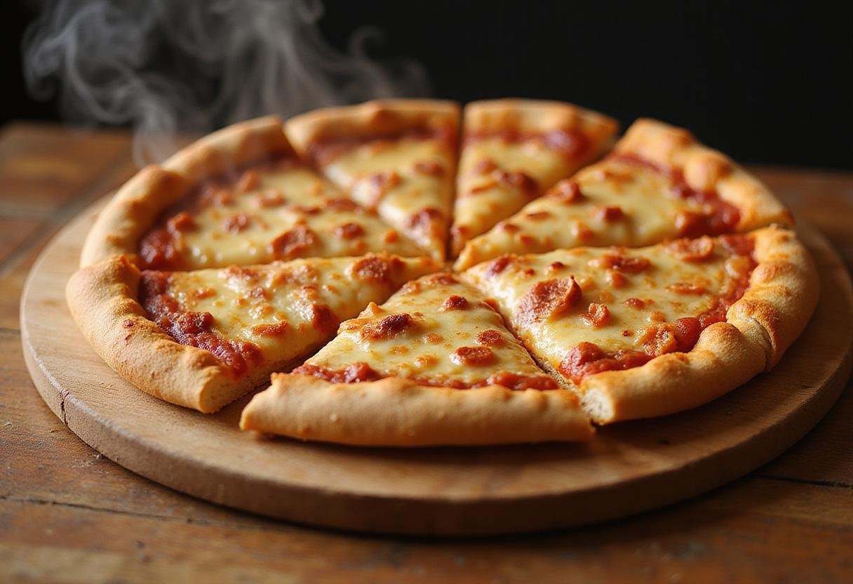 Deliciously baked Champion Supreme Ultimate Pizza on a wooden board, showcasing golden crust and bubbling cheese, inviting for serving and enjoyment.
