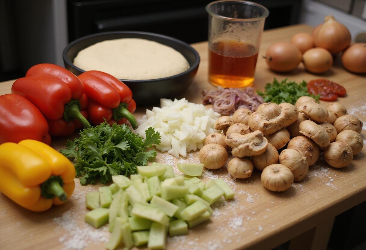 Fresh ingredients for Champion Supreme Ultimate Pizza including colorful bell peppers, mushrooms, and onions, perfect for making pizza at home.