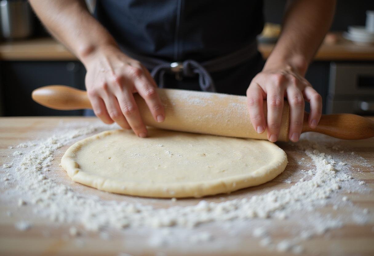 Rolling out pizza dough for Champion Supreme Ultimate Pizza, demonstrating the art of pizza making with a perfectly shaped base.