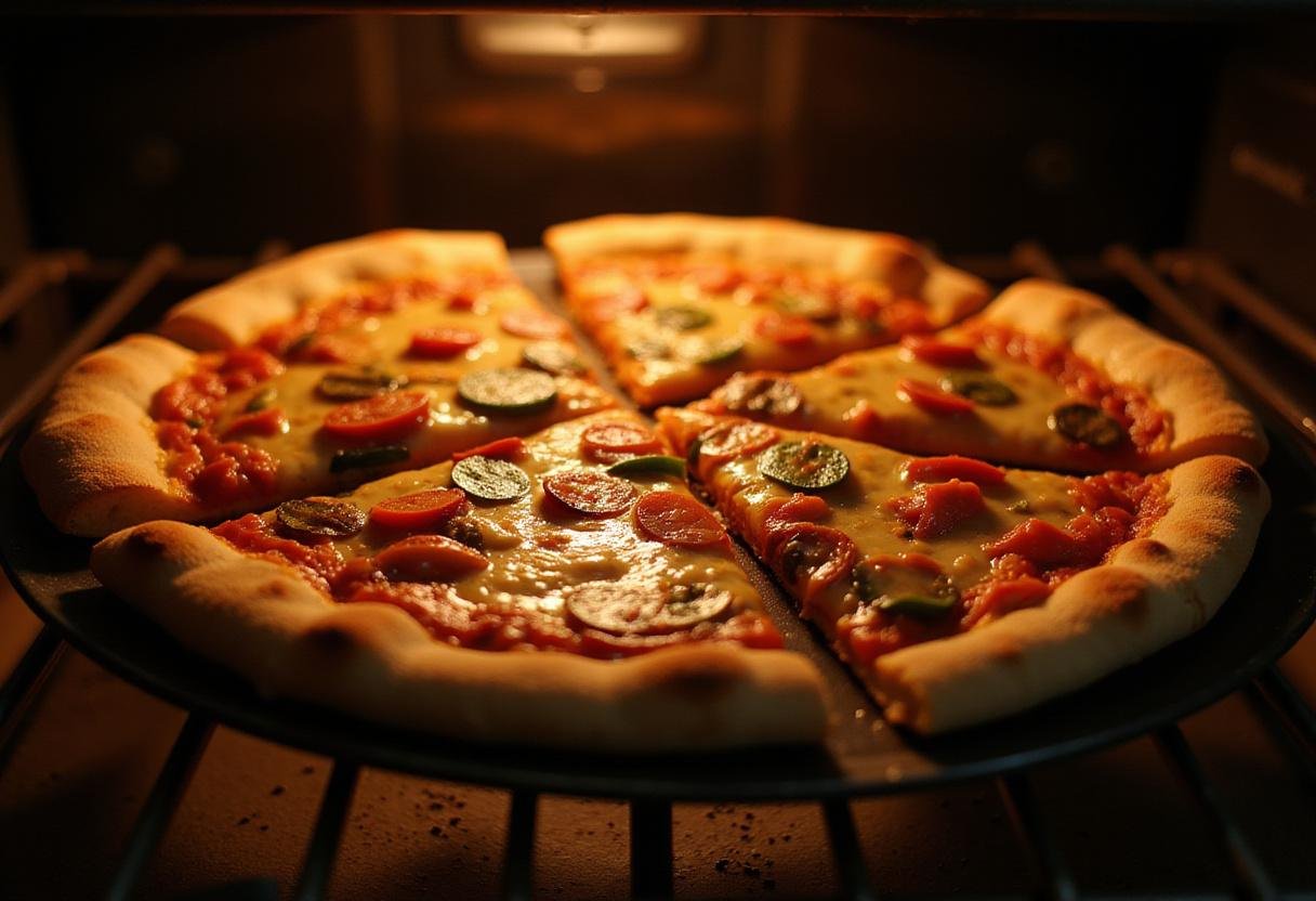 Placing Champion Supreme Ultimate Pizza into the oven, showcasing the anticipation of deliciously melted cheese and toppings during baking.