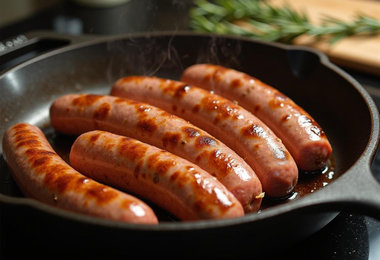 Sizzling Chappell Hill sausage links in a skillet, perfect for a hearty meal.