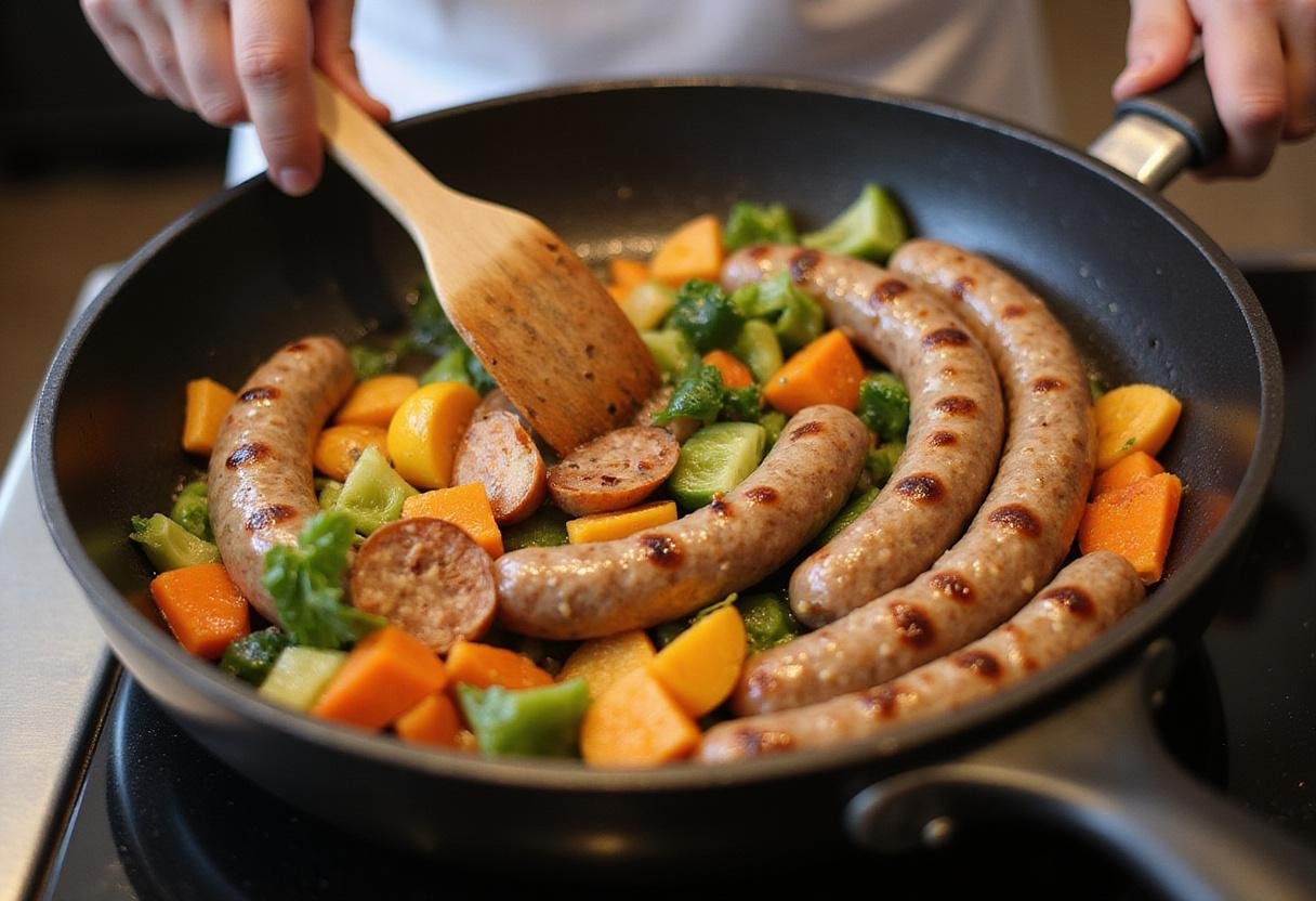 Sautéing onions and bell peppers with Chappell Hill sausages for a flavorful dish.