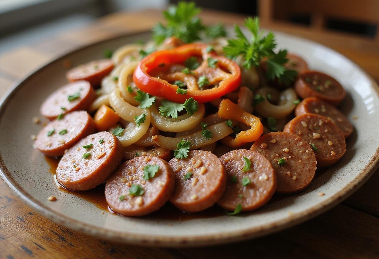 Chappell Hill sausage plate with sautéed vegetables, ready to be enjoyed.
