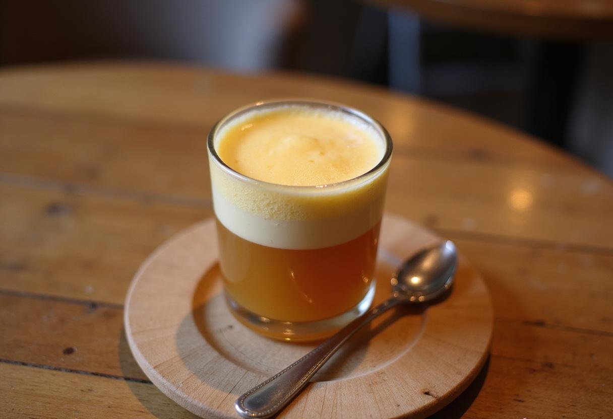 Final presentation of cheese tea sensation in a glass with a frothy cheese layer, capturing the essence of this easy cheese tea recipe in a warm and inviting atmosphere.
