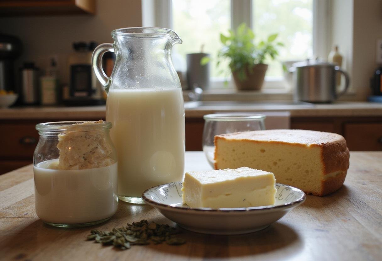 Ingredients for an easy cheese tea recipe displayed in a cozy kitchen, showcasing milk, cream cheese, and tea leaves for a delicious cheese tea sensation.