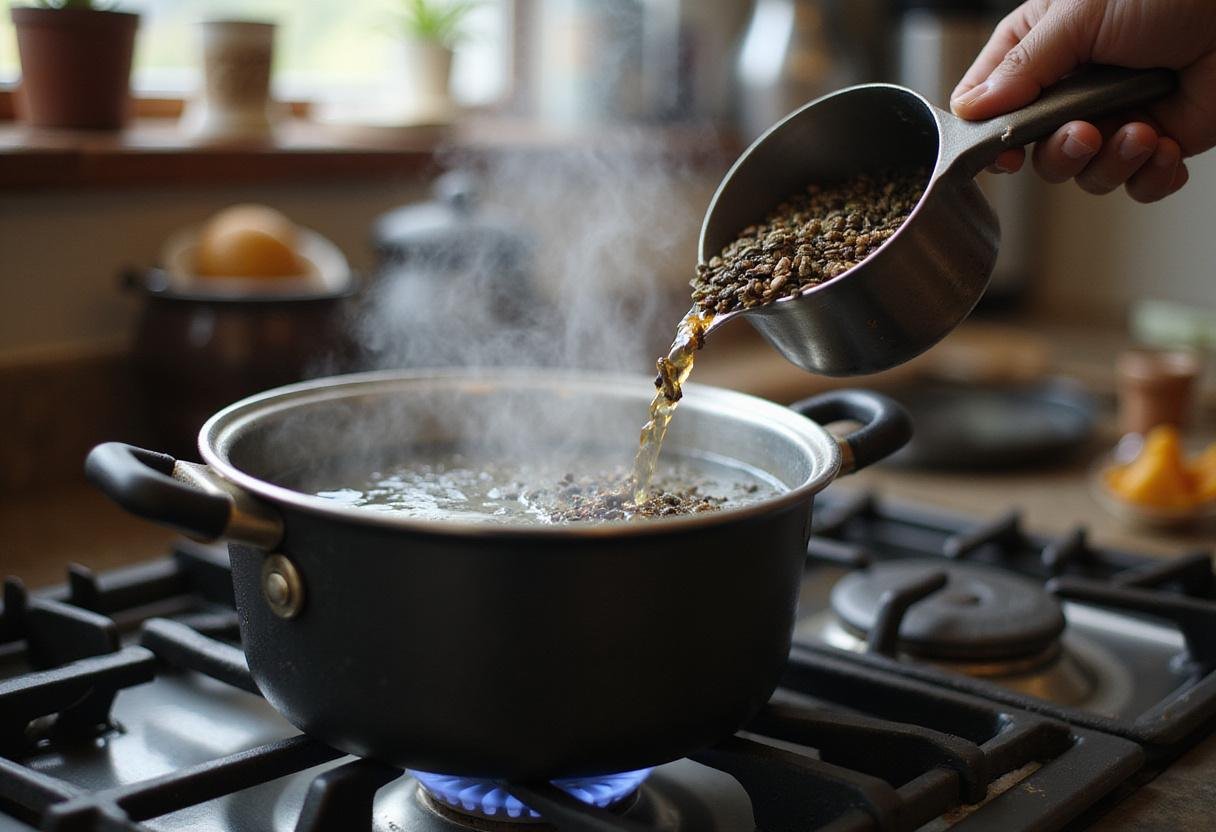 Boiling water in a pot as tea leaves are added for a cheese tea recipe, capturing the essence of how to make cheese tea in a vibrant kitchen setting.