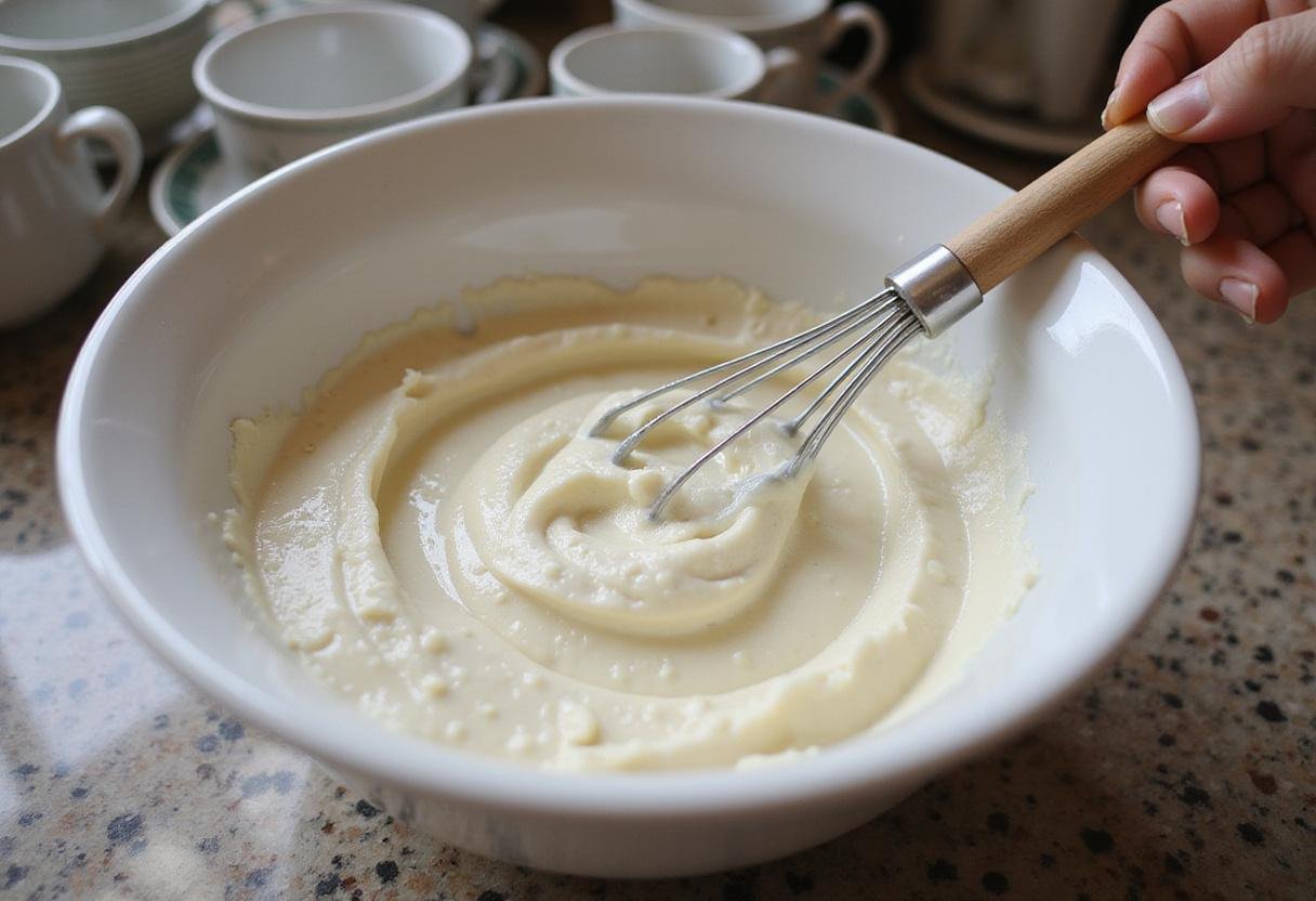 Mixing cream cheese in a bowl for a delicious cheese tea sensation, demonstrating the easy cheese tea recipe in a well-lit kitchen environment.