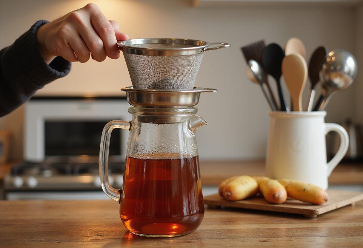Straining brewed tea into a jug for a perfect cheese tea sensation, highlighting the preparation process of an easy cheese tea recipe in a charming kitchen.
