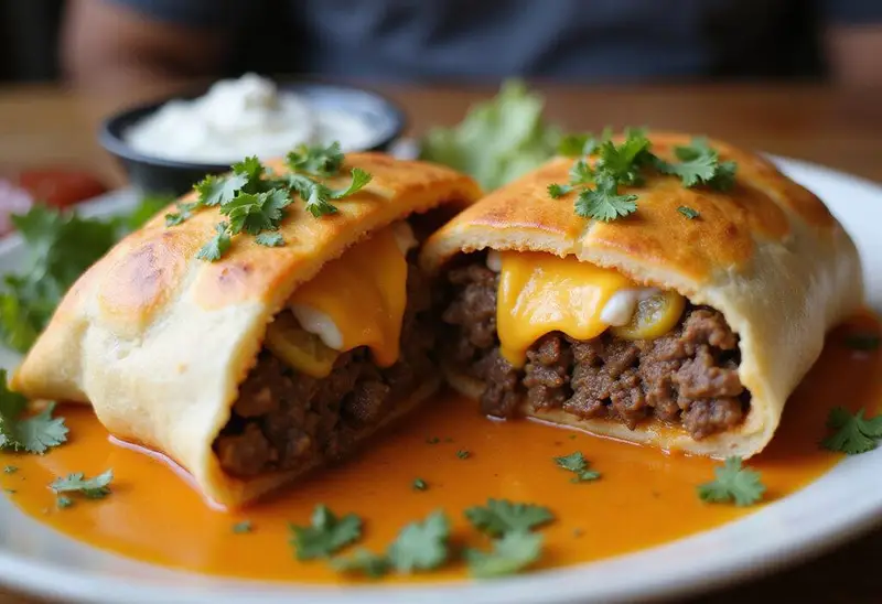 Delicious cheesy double beef burrito cut in half, revealing gooey cheese and beef, garnished and ready to eat.