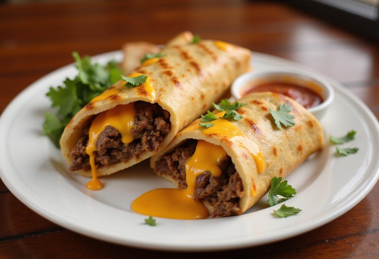 Delicious cheesy double beef burrito cut in half, revealing gooey cheese and beef, garnished and ready to eat.