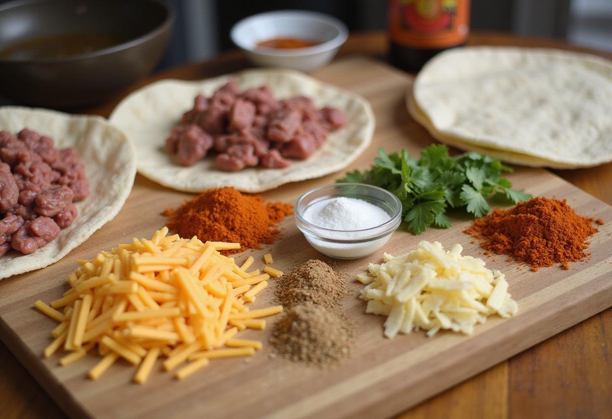 Fresh ingredients for cheesy double beef burrito including ground beef, shredded cheese, and tortillas on a wooden countertop.