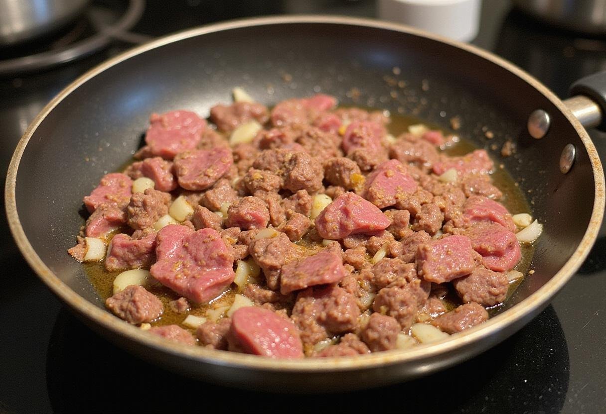 Ground beef browning in a skillet with onions and spices for a flavorful cheesy double beef burrito filling.