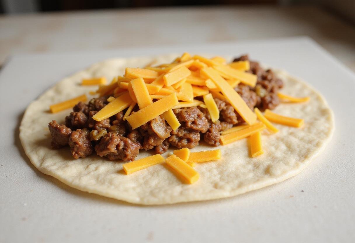 Tortilla filled with seasoned ground beef and cheese for making a cheesy double beef burrito, on a clean kitchen counter.