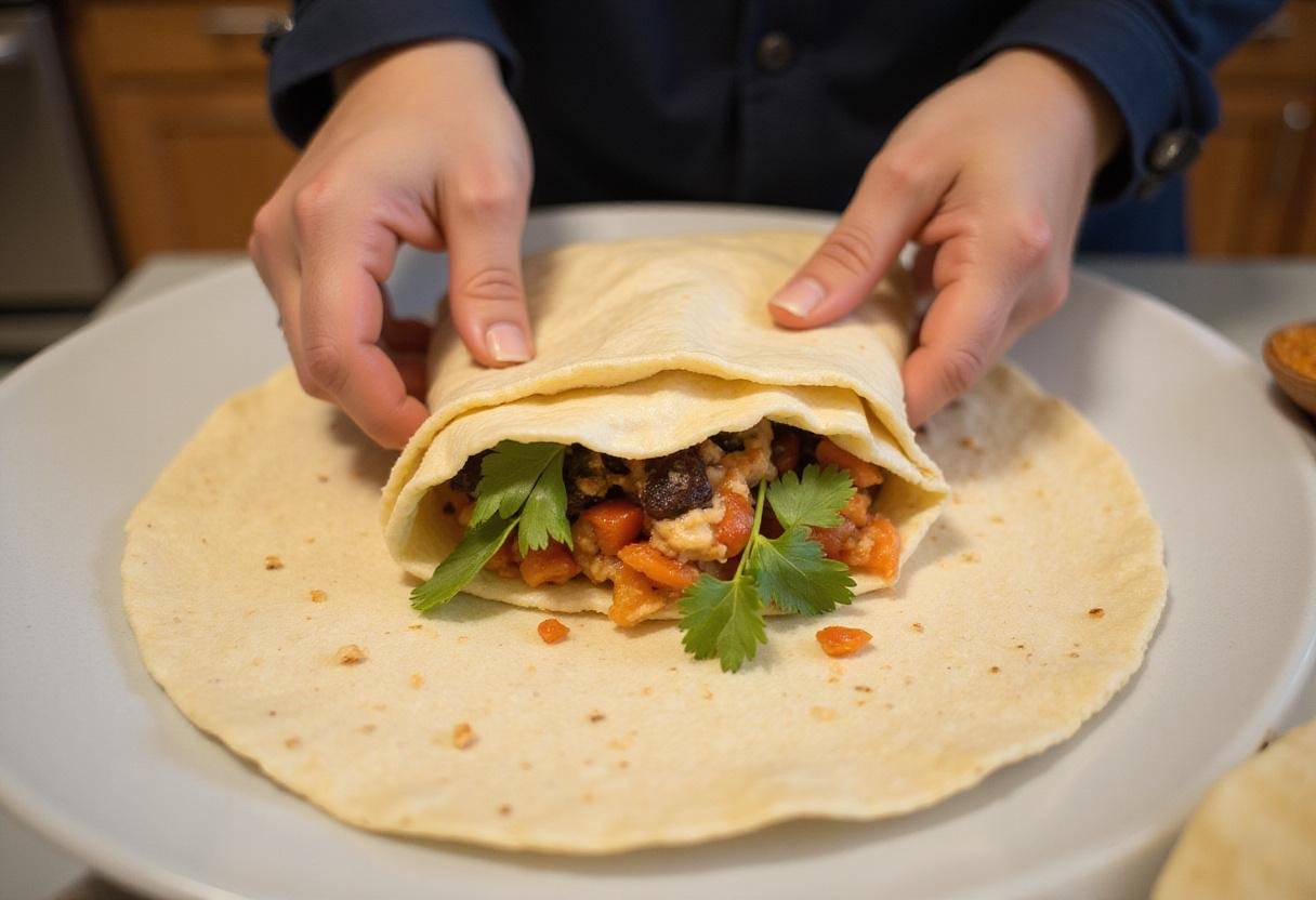 Rolling a cheesy double beef burrito tightly in a clean kitchen setting for a delicious meal.