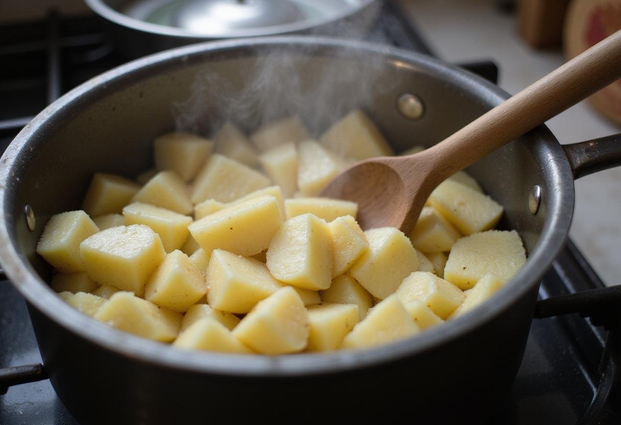 Boiling potatoes for cheesy smashed potatoes, steam rising, preparing for a delicious side dish.