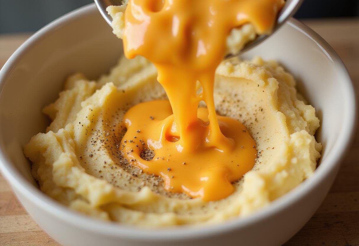 Combining melted cheese with mashed potatoes, creating a cheesy mixture for the ultimate cheesy smashed potatoes.
