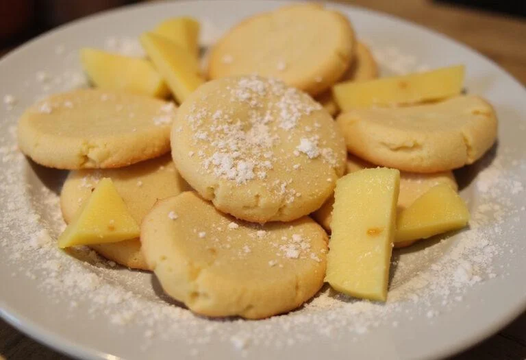 Deliciously golden chewy pineapple cookies displayed on a plate, enticing with their tropical flavor and sweet aroma.
