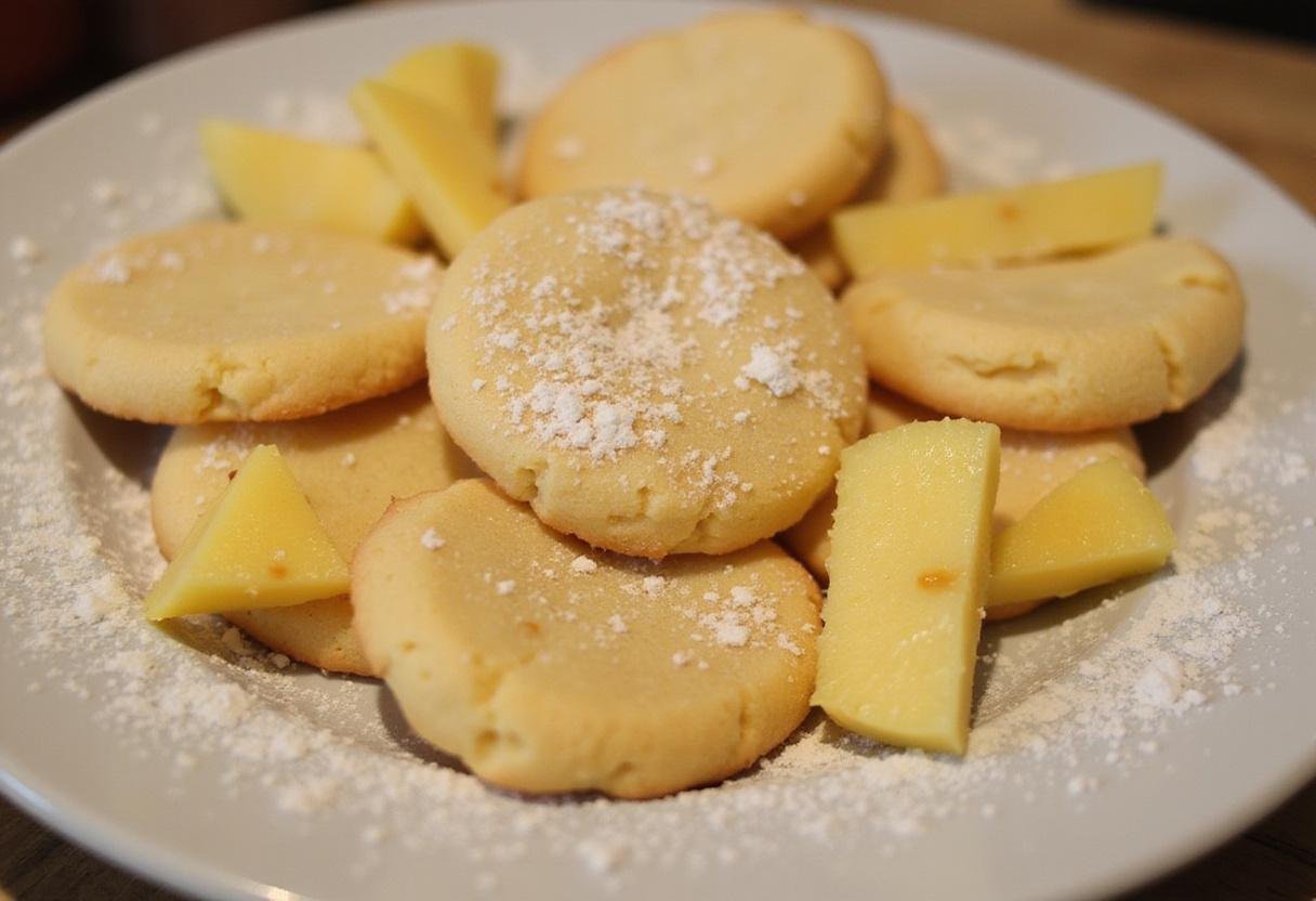 Deliciously golden chewy pineapple cookies displayed on a plate, enticing with their tropical flavor and sweet aroma.