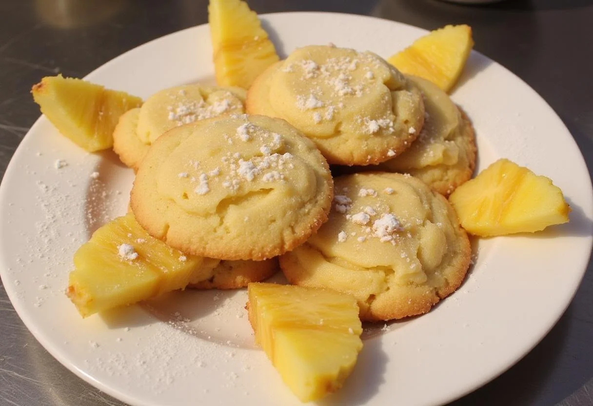Deliciously golden chewy pineapple cookies displayed on a plate, enticing with their tropical flavor and sweet aroma.