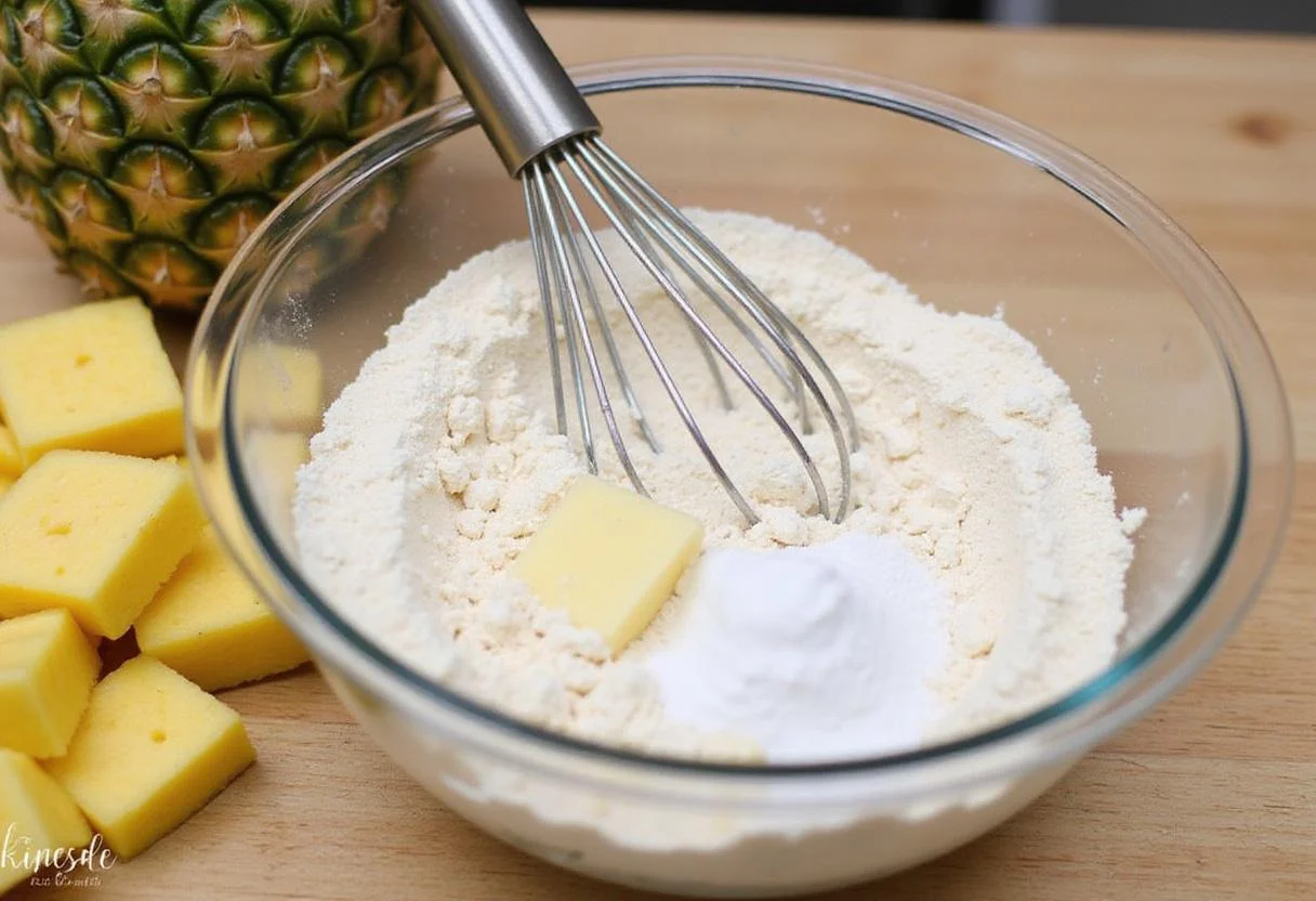 Ingredients for pineapple cookies including flour, sugar, and baking powder with fresh pineapple in the background.