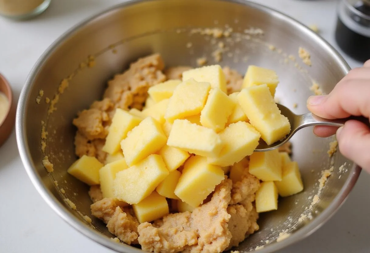 Diced pineapple being added to the mixture for delicious pineapple cookies, emphasizing the tropical flavor.