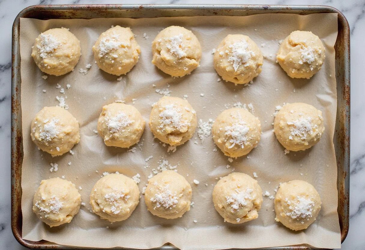 Cookie dough for chewy pineapple cookies shaped and ready to bake, featuring coconut flakes for added texture.