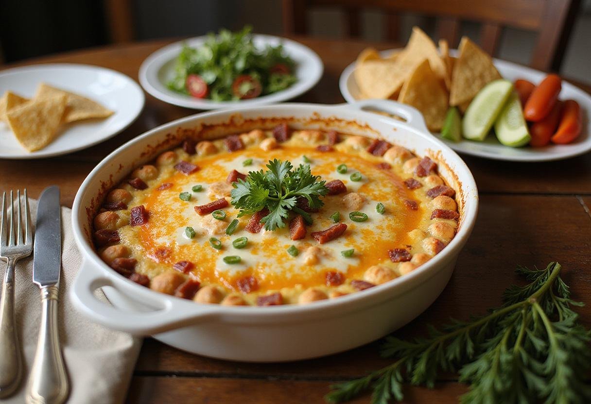 Delicious chicken bacon ranch dip served hot and bubbly with tortilla chips, perfect for sharing at parties.