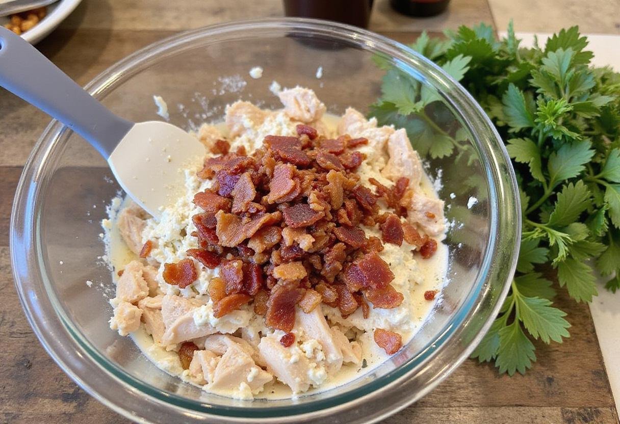 Preparing chicken bacon ranch dip ingredients in a bowl with cream cheese and ranch seasoning for a delicious dip.
