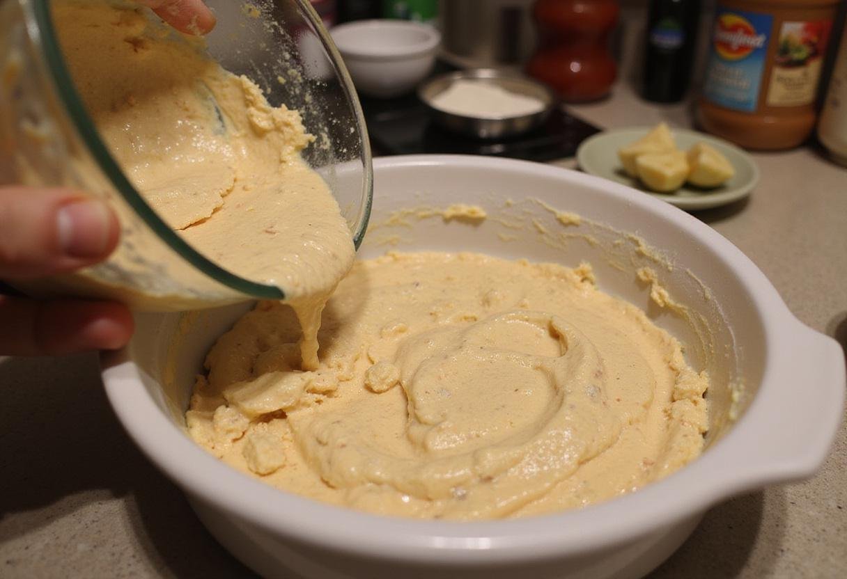Spreading the chicken bacon ranch dip mixture evenly into a baking dish, ready for baking.