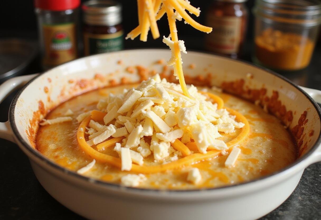 Adding shredded cheese on top of chicken bacon ranch dip before baking for a cheesy finish.