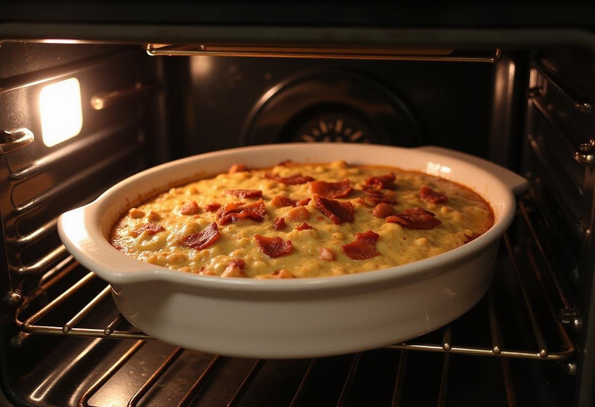 Placing the chicken bacon ranch dip in the oven for baking to achieve a golden and bubbly topping.
