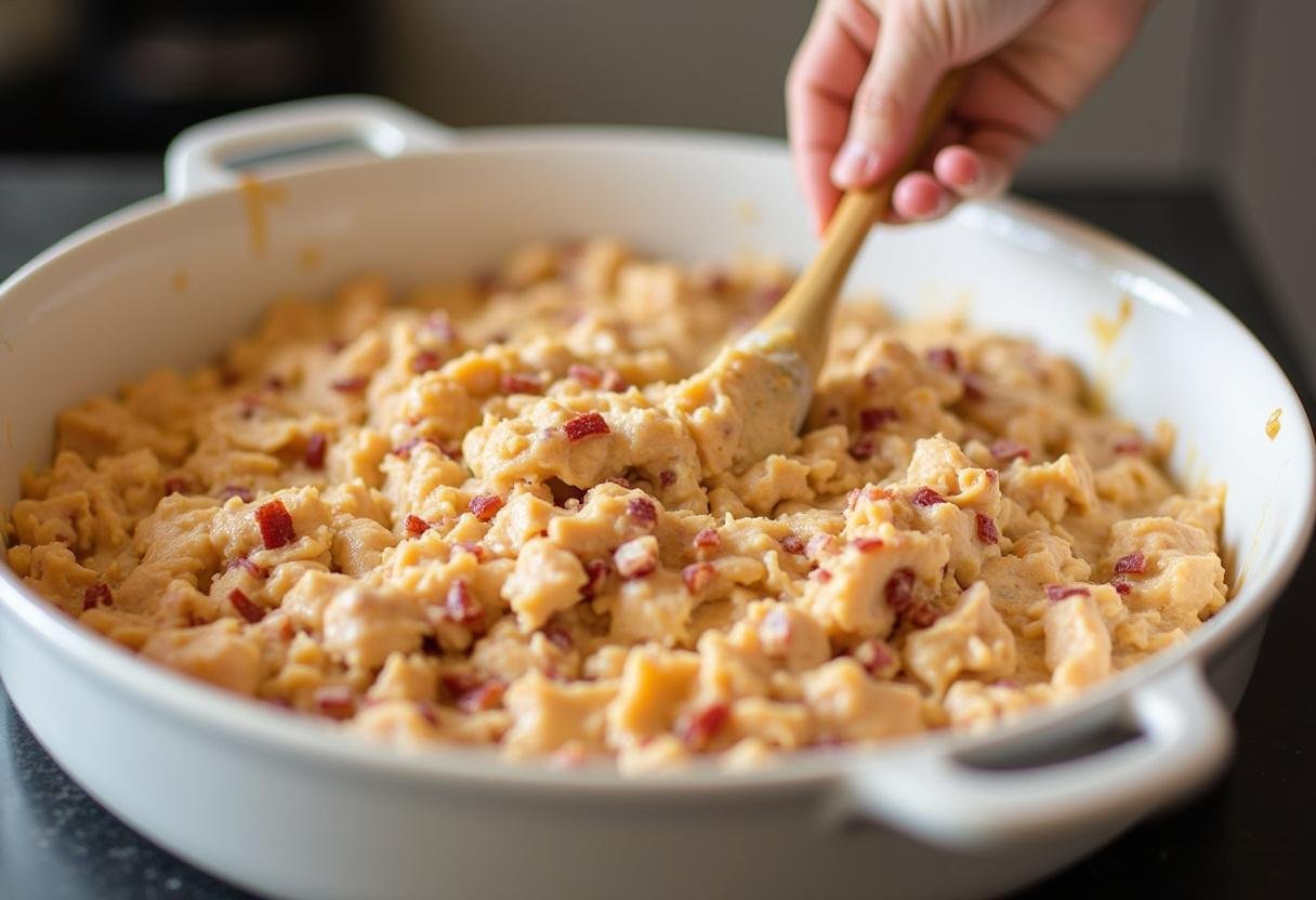 Assembling Chicken Bacon Ranch Tater Tot Casserole in a baking dish.