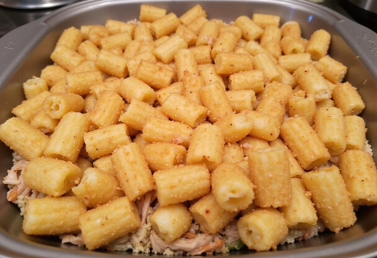 Layering tater tots on Chicken Bacon Ranch Tater Tot Casserole for a crispy finish.
