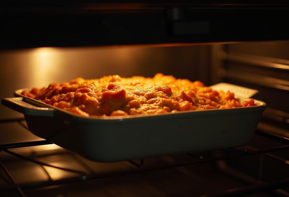Placing Chicken Bacon Ranch Tater Tot Casserole in the oven for baking.