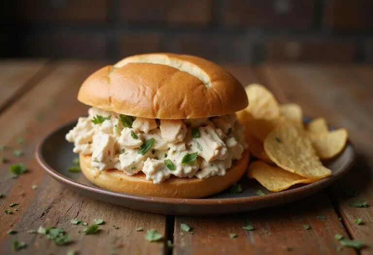 A beautifully presented chicken salad sandwich on a rustic table, showcasing a delicious meal option rich in flavor and perfect for lunch.