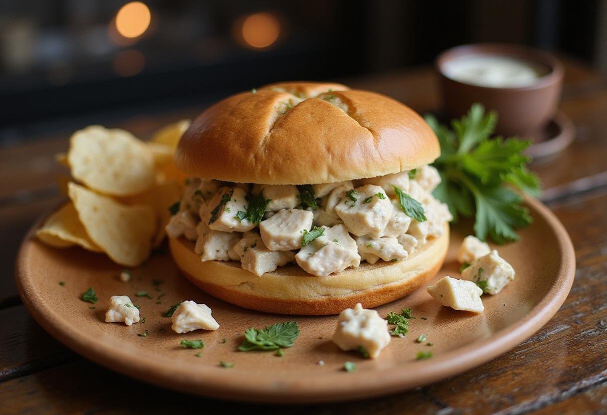 A beautifully presented chicken salad sandwich on a rustic table, showcasing a delicious meal option rich in flavor and perfect for lunch.