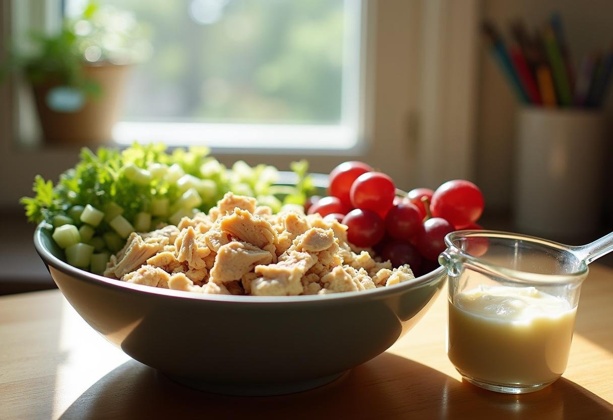 A bowl of shredded chicken with celery and grapes, showcasing fresh ingredients for a chicken salad sandwich, capturing the essence of healthy meal preparation.