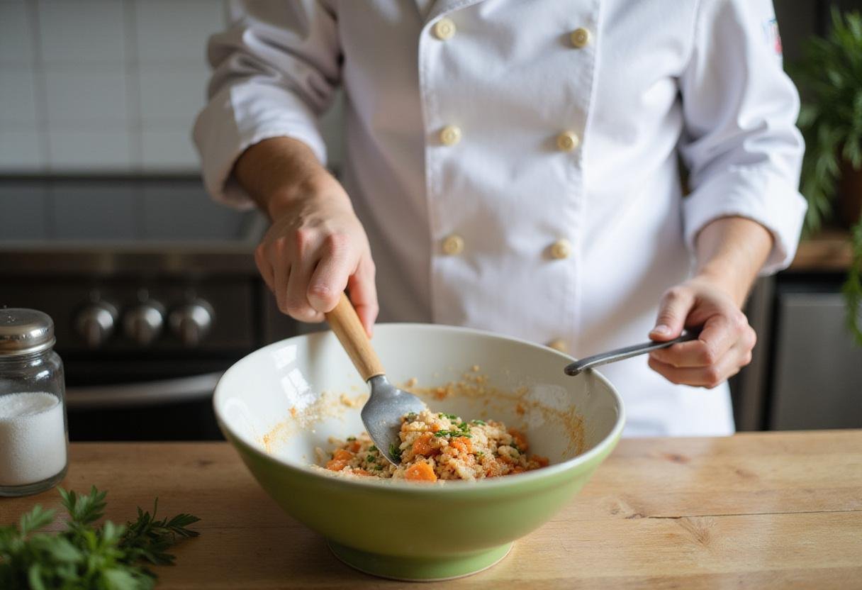 A chef mixing ingredients for a chicken salad sandwich, emphasizing the preparation of a delicious and healthy dish in a bright kitchen environment.