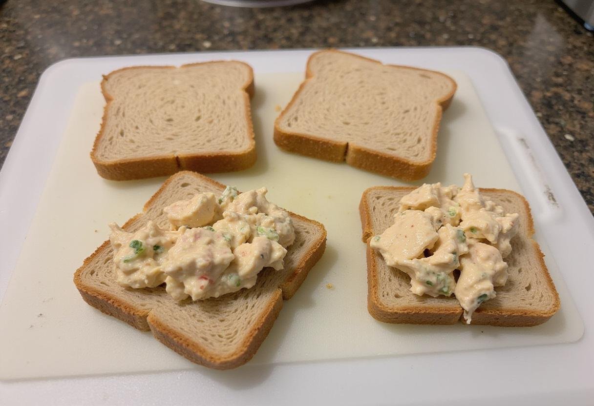 Slices of whole grain bread ready for a chicken salad sandwich, highlighting the assembly of a tasty and nutritious meal, featuring fresh ingredients.