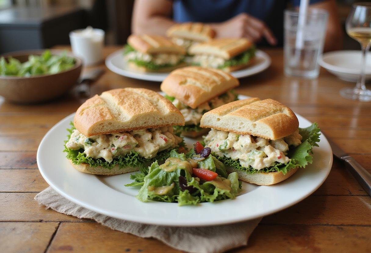 A plated chicken salad sandwich with mixed greens, presenting a healthy and filling meal option while spotlighting the delightful combination of flavors.